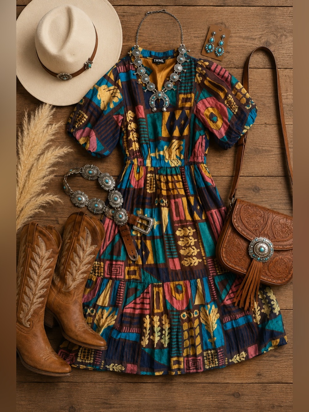 Western THML Multicolor Geometric Maxi Dress in Teal, Yellow, Coral, Brown